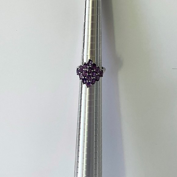 925 Sterling Silver 16 Oval Purple Amethyst Cluster Cocktail Ring  6.5 - Picture 6 of 7